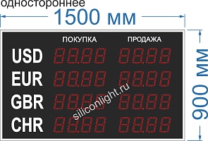 Одностороннее табло курсов валют для помещения. Количество валют 4. Высота знака 12,5 см. Размер 1500х900х60 мм.