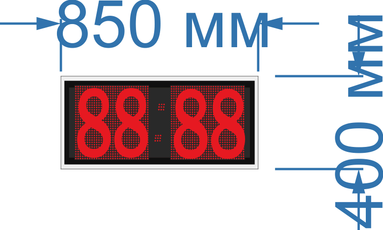 Электронные часы-термометр на модулях для улицы (Яркость светодиода 4 тыс кд.на 1 кв. м - тень, солнце). Высота знака 31 см. Количество символов 4. Размер 850х300х60 мм.
