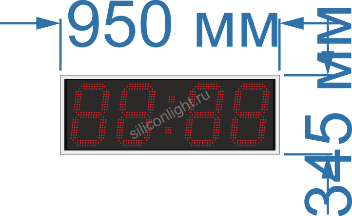 Электронные часы-термометр для улицы (Яркость светодиода 2 кд. - тень, солнце). Высота знака 27 см. Количество символов 4. Размер 950х345х60 мм.