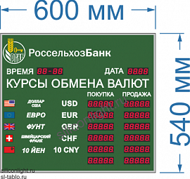 Табло курсов валют для помещение №24 (5 знаков в поле валют). Время и Дата - есть. Знак 20 мм. Размер 600х540х60 мм.