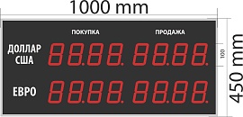 Одностороннее табло курсов валют для помещения. Высота знака 10 см. Размер 1000х450х60 мм.