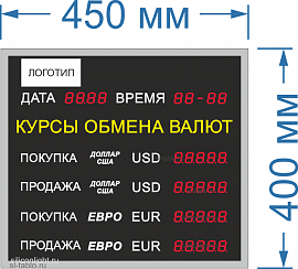 Табло курсов валют для помещение №20 (5 знаков в поле валют). Время и Дата - есть. Знак 20 мм. Размер 450х400х60 мм.
