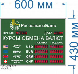 Табло курсов валют для помещение №28 (5 знаков в поле валют). Время и Дата - есть. Знак 20 мм. Размер 600х430х60 мм.