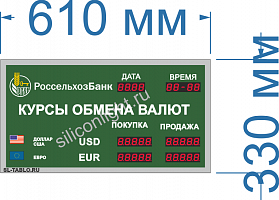 Табло курсов валют для помещение №32 (5 знаков в поле валют). Время и Дата - есть. Знак 20 мм. Размер 610х330х60 мм.